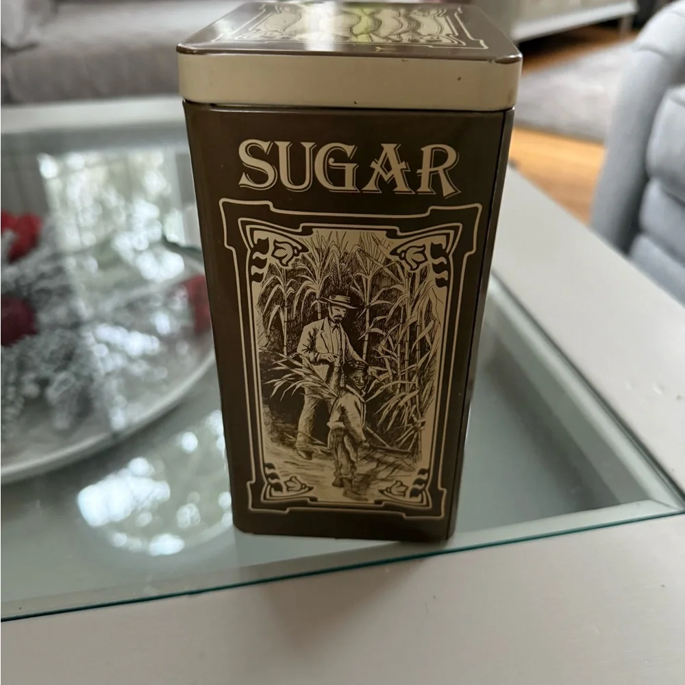 Vintage Sugar Tin with Brown Design